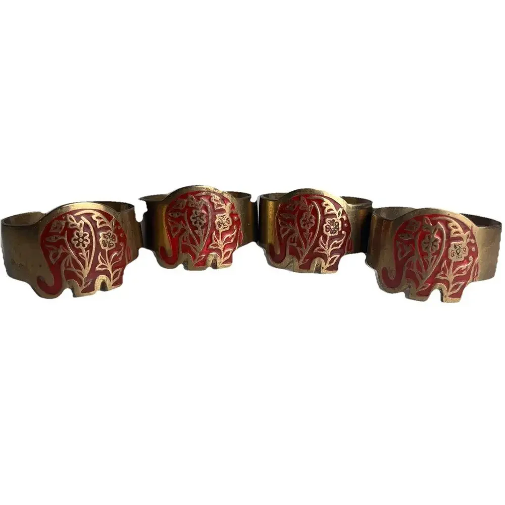 Vintage Brass Elephant Animal Napkin Rings Set Of 4 Marked India Gold Tone & Red